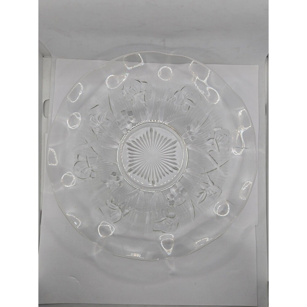 1950s JEANNETTE Iris Iridescent Ruffled 11" Glass Fruit Bowl, Carnival Clear